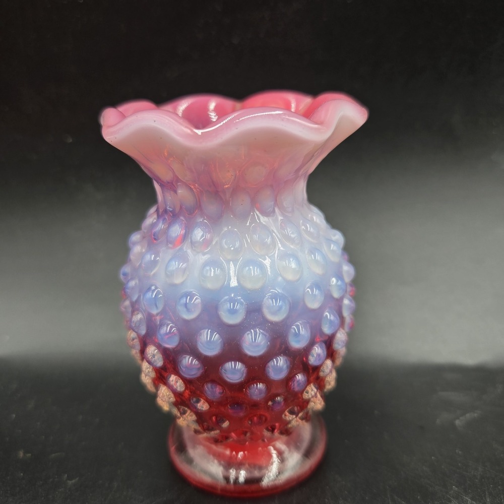 Vintage Fenton Cranberry Opalescent Hobnail Rim Bud Vase 4" USA Ruffle Rim